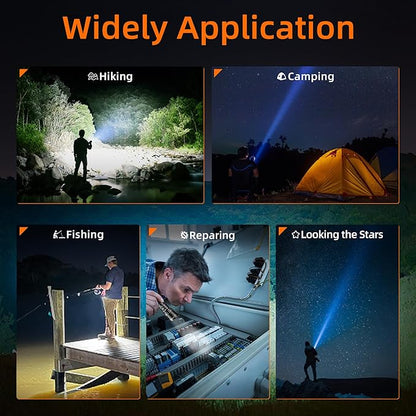 SuperFire Rechargeable Flashlights Bright Lumens, 5 Modes & Memory Function with 3000mAh Removable Battery, USB-C Zoomable & Waterproof, Perfect for Home Use