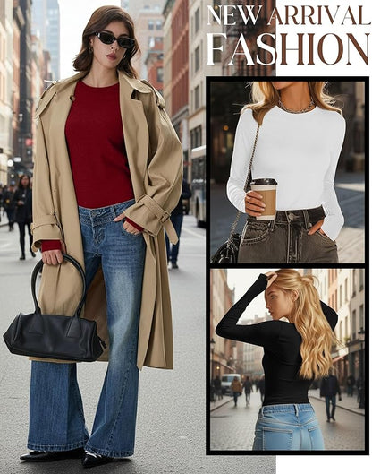 Neer 4 Pack Women's Fleece Thermal Long Sleeve Shirts, Thumb Holes Crew Neck Slim Fit Tops Warm Workout Basic Undershirt