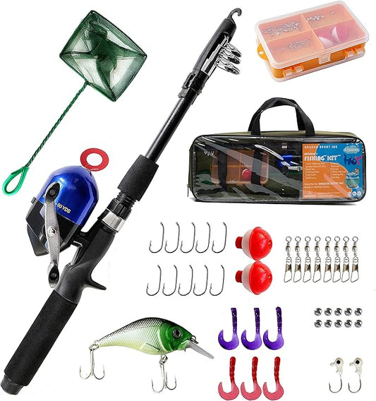 Kids Fishing Pole Spincast Youth Fishing Pole Tackle Box - with Net,Travel Bag,Rod and Reel Kit for Boys and Girls, Youth or Beginner’s