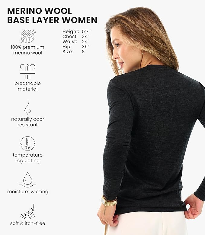 Merino Wool Base Layer Women - 100% Merino Wool Shirt Women Thermal Underwear Long Sleeve T-Shirt for Hiking