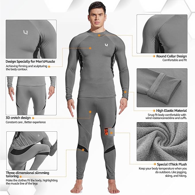 UNIQUEBELLA Men's Thermal Underwear Sets Top & Long Johns Fleece Sweat Quick Drying Thermo Base Layer