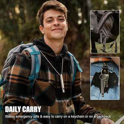 Titanium Emergency Whistle with Hidden Pill Holder Case, Portable Waterproof Fob Medicines Organizer 120db+ Survival Whistles Keychain Container for Outdoors, Camping, Travel EDC Accessories