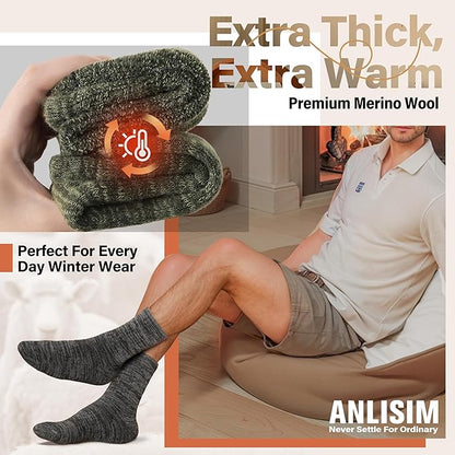 Anlisim Merino Wool Warm Boot Hiking Socks Thermal Extra Thick Winter Cozy Crew Comfy Cushioning Work Women Men Socks 4 Pairs