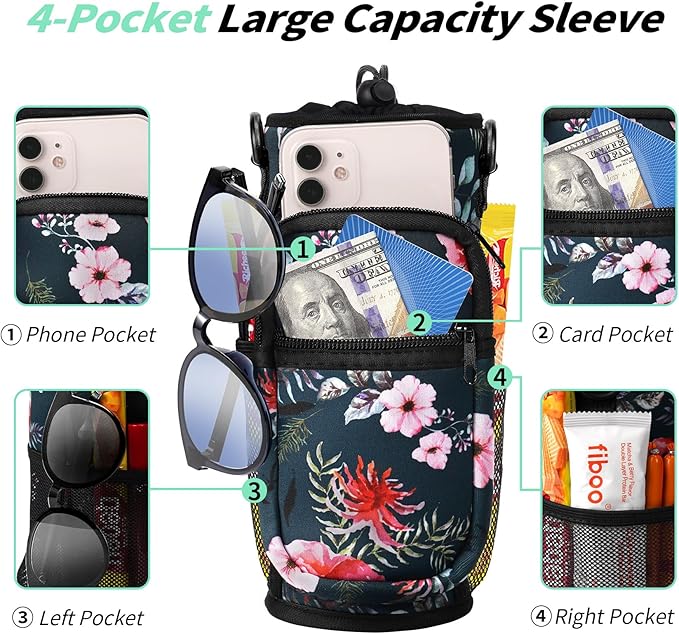 32/40/64/87/128 oz Water Bottle Carrier Bag, Neoprene Water Bottle Sleeve with 4 Pocket, Sport Water Holder with Paracord Handle and Shoulder Strap for Walking Hiking Camping Gym