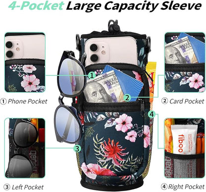32/40/64/87/128 oz Water Bottle Carrier Bag, Neoprene Water Bottle Sleeve with 4 Pocket, Sport Water Holder with Paracord Handle and Shoulder Strap for Walking Hiking Camping Gym