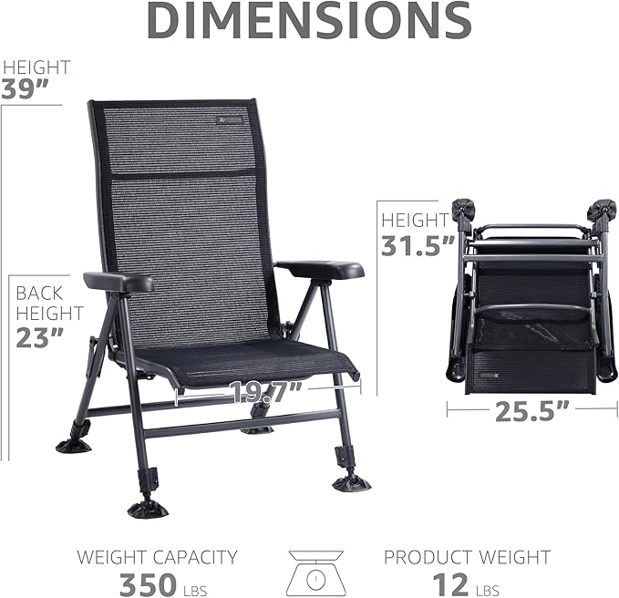 X Strike Folding Camping Chair Support 350 LBS, Outdoor Fishing Chair for Adults Breathable Mesh with Adjustable High Back Support and Leg, Aluminum Frame for Fishing, Camp, Lawn, Patio.