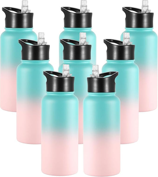 VEGOND 32 oz Insulated Water Bottle Bulk Stainless Steel Metal Water Bottles with Leak Proof Straw Lid & Spout Lid, Wide Mouth Double Walled Vacuum Travel Sports Bottle, 8 Pack