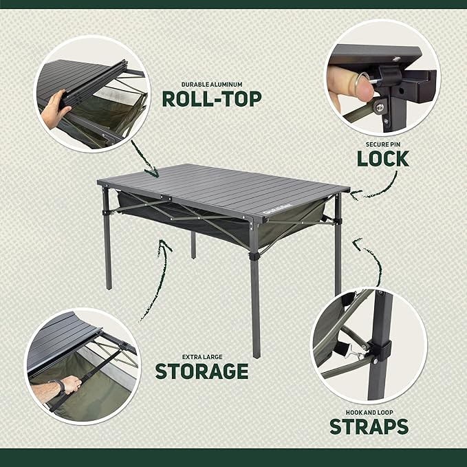 OUTSIDER Folding Camping Table, Portable Roll-up Outdoor Lightweight Aluminum Camp Table for Picnic BBQ Backyards Beach, Large Storage Mesh Pocket and Carrying Bag Included