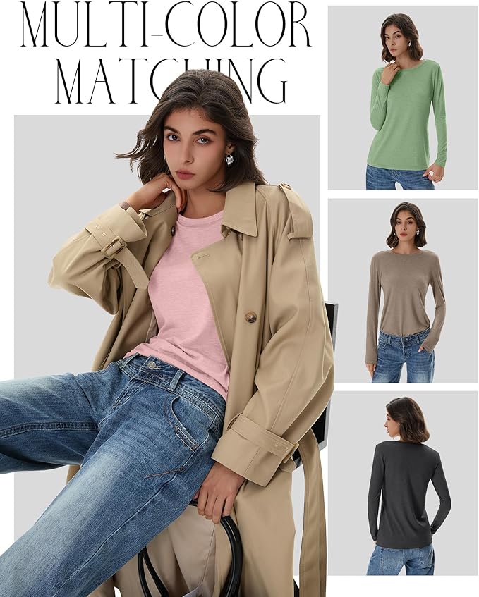 Huukeay 5 Pack Women's Crew Neck Long Sleeve Shirts, Cotton Blend Casual Clothes Workout Basic Layering Tee Tops Multipack