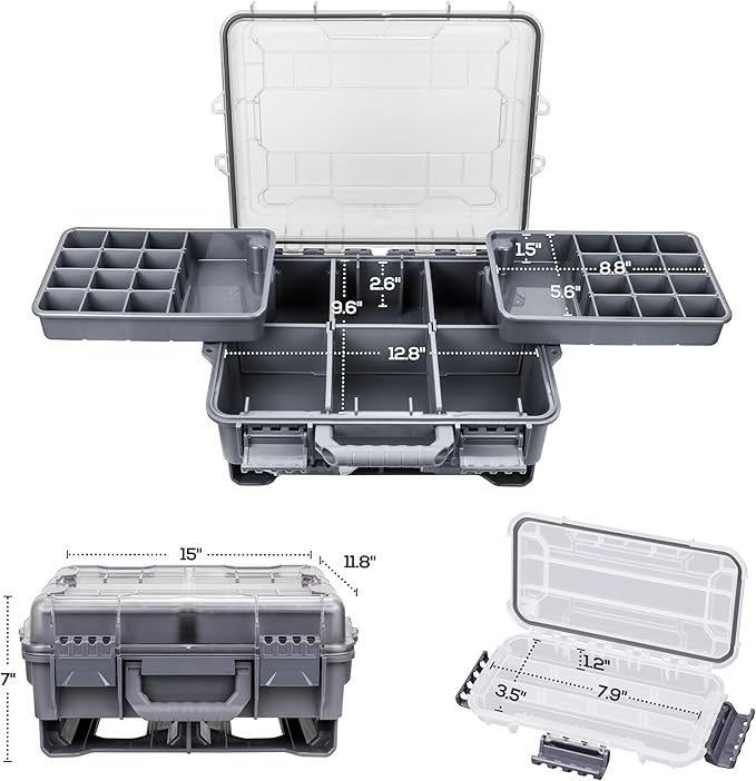 RUNCL Universal Fishing Tackle Box with Two Small Tackle Tray, Removal Inside Design Waterproof Trunk Storage Box, Thicker Floating Airtight Stowaway, Xmas Surprise Fishing Gifts for Men Women