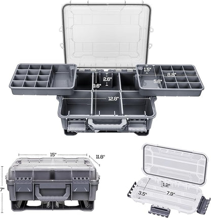 RUNCL Universal Fishing Tackle Box with Two Small Tackle Tray, Removal Inside Design Waterproof Trunk Storage Box, Thicker Floating Airtight Stowaway, Xmas Surprise Fishing Gifts for Men Women