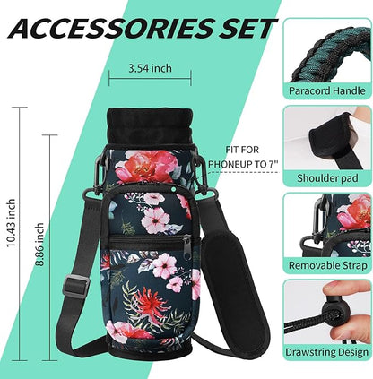32/40/64/87/128 oz Water Bottle Carrier Bag, Neoprene Water Bottle Sleeve with 4 Pocket, Sport Water Holder with Paracord Handle and Shoulder Strap for Walking Hiking Camping Gym
