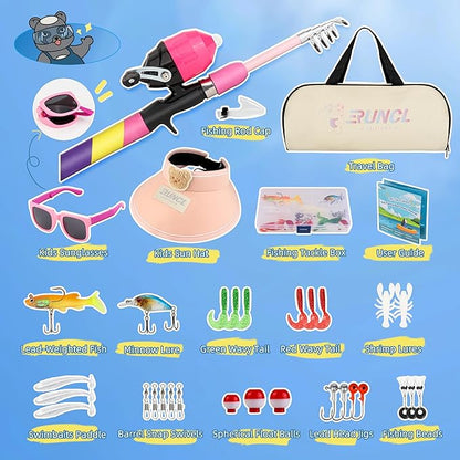 RUNCL Kids Fishing Pole and Reel Combo Kit - 4.9FT Telescopic Fishing Rod with Spincast Reel, Tackle Box, Hat, Sunglasses, Travel Bag - Easy Fishing Kit for Kids Ages 3-12, Youth Beginner