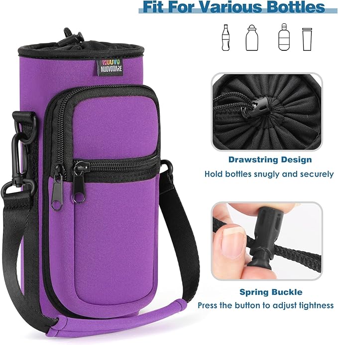 Nuovoware Water Bottle Carrier Bag,25oz/40oz/64oz Bottle Pouch Holder,Adjustable Shoulder Hand Strap 2 Pocket Sling Neoprene Sleeve Sports Accessories for Hiking Travelling Camping
