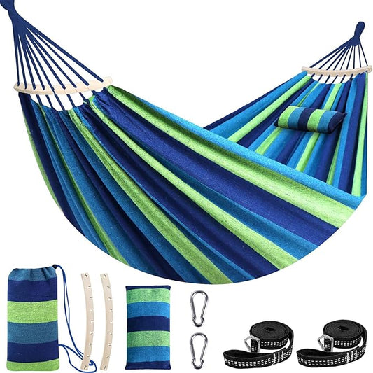 Chihee Hammock for Stand 9.8ft x 4.9ft Soft Cotton Hammock Holds Up to 660lbs Portable Tree Hammocks with Detachable Spreader Bar Pillow 2 Strong Webbings 2 Carabiners Patio Garden Indoor Outdoor