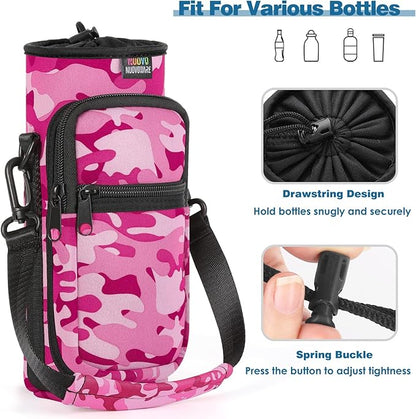 Nuovoware Water Bottle Carrier Bag,25oz/40oz/64oz Bottle Pouch Holder,Adjustable Shoulder Hand Strap 2 Pocket Sling Neoprene Sleeve Sports Accessories for Hiking Travelling Camping