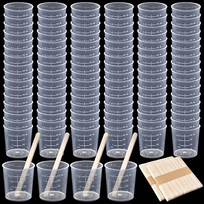 Coopay 100 Pack 60ml/2oz Plastic Graduated Cups Transparent Scale Cups Clear Epoxy Mixing Cylinder with 100 Pack Wooden Stirring Sticks for Resin, Epoxy, Stain, Mixing Paint