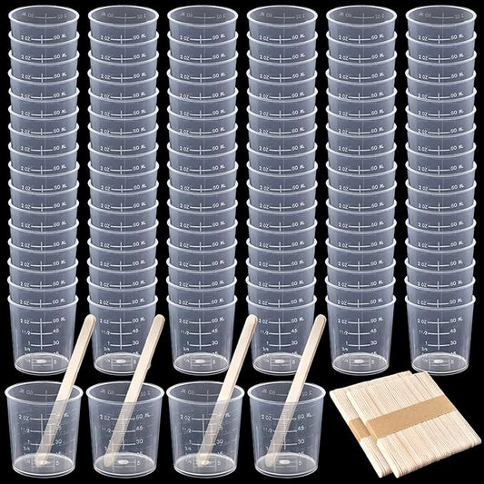 Coopay 100 Pack 60ml/2oz Plastic Graduated Cups Transparent Scale Cups Clear Epoxy Mixing Cylinder with 100 Pack Wooden Stirring Sticks for Resin, Epoxy, Stain, Mixing Paint