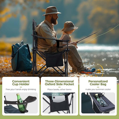ALPHA CAMP Oversized Camping Chair Heavy Duty Lawn Chair with Cooler Bag Support 450 LBS Steel Frame Collapsible Padded Arm Quad Lumbar Back Folding Chair for Lawn Outdoor