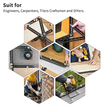 WiseWater 12 Sided Multi Angle Measuring Ruler, Universal Aluminum Alloy Measuring Template Tool Ceramic Tile Measurement with Hole Drilling Locator