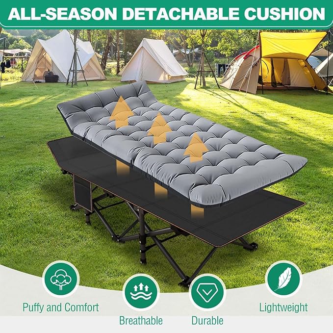 LILYPELLE Folding Camping Cot, Extra Wide Heavy Duty Sleeping Cots with Carry Bag, Double Layer Oxford Portable Travel Camp Cots for Home, Office Nap and Outdoor Beach