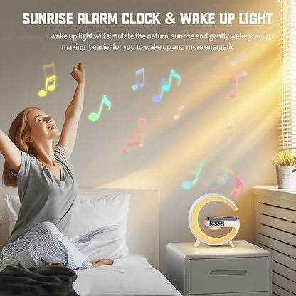 LED Table Lamp with Wireless Charger, G Shaped Night Light Lamp with Bluetooth Speaker, Sunrise Alarm Clock, Smart Mini Atmosphere Lamp for Bedroom, Office, Living Area (Black)