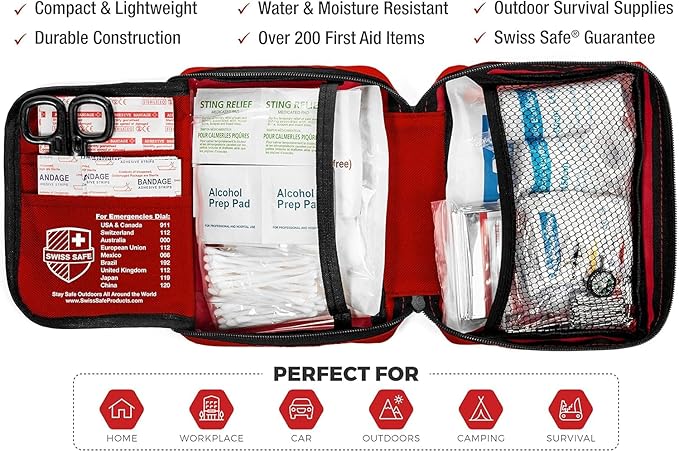 Swiss Safe 2-in-1 First Aid Kit for Car, Travel & Home, Businesses - Bonus Mini Kit for Medical Emergency Aid, Survival, Camping - FSA & HSA Eligible - 200 Pcs, Medium FAK