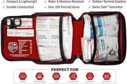 Swiss Safe 2-in-1 First Aid Kit for Car, Travel & Home, Businesses - Bonus Mini Kit for Medical Emergency Aid, Survival, Camping - FSA & HSA Eligible - 200 Pcs, Medium FAK