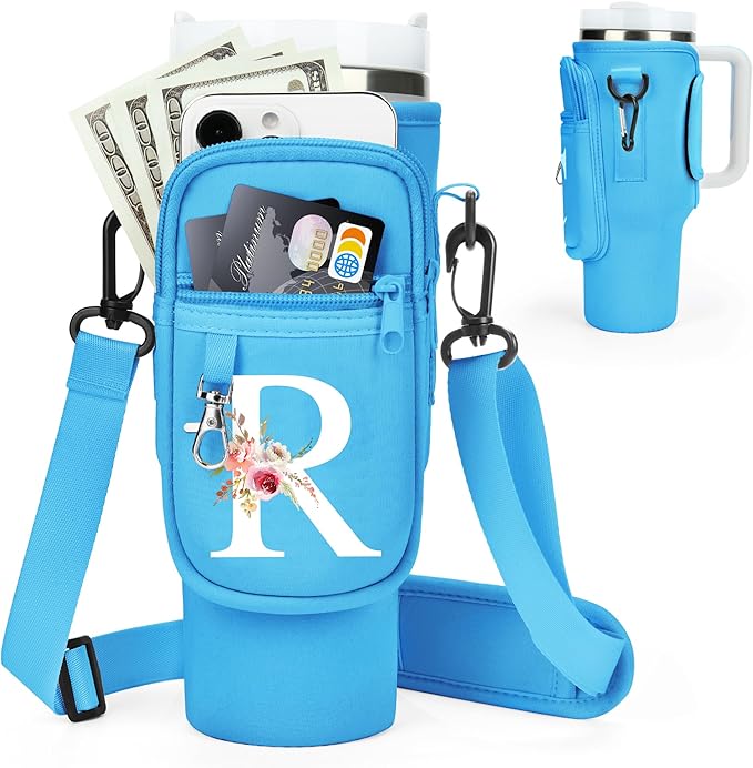 Initial Water Bottle Holder with Strap for Stanley 40 oz Tumbler/Simple Modern 40 oz Tumbler,Water Bottle Carrier Bag with Strap,Personalized A-Z Phone Pocket for Stanley Cup Accessories