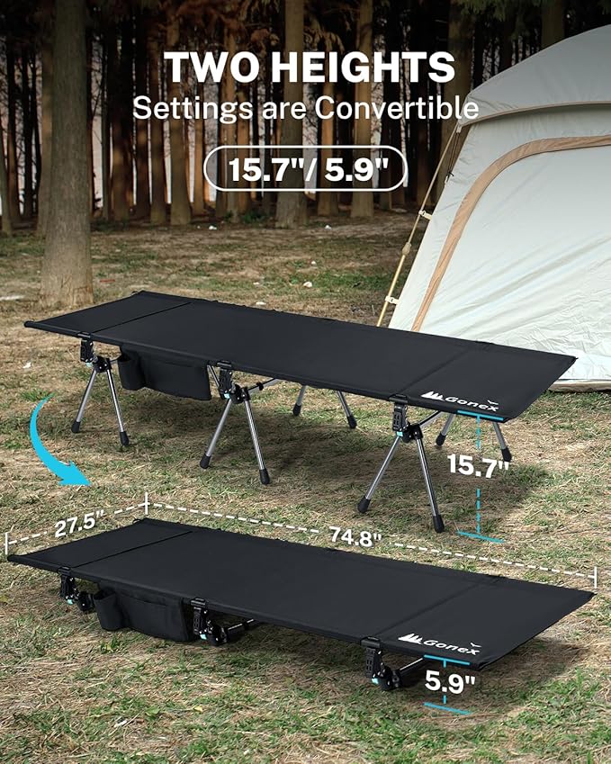 Gonex Camping Cot with Leg Extenders 2 in 1 Portable Ultralight Folding Cot for Adults Adjustable Height Supports 350lbs Sleeping Bed for Backpacking Travel Beach Home 74.8"x27.5"(Black, 1 PCS)