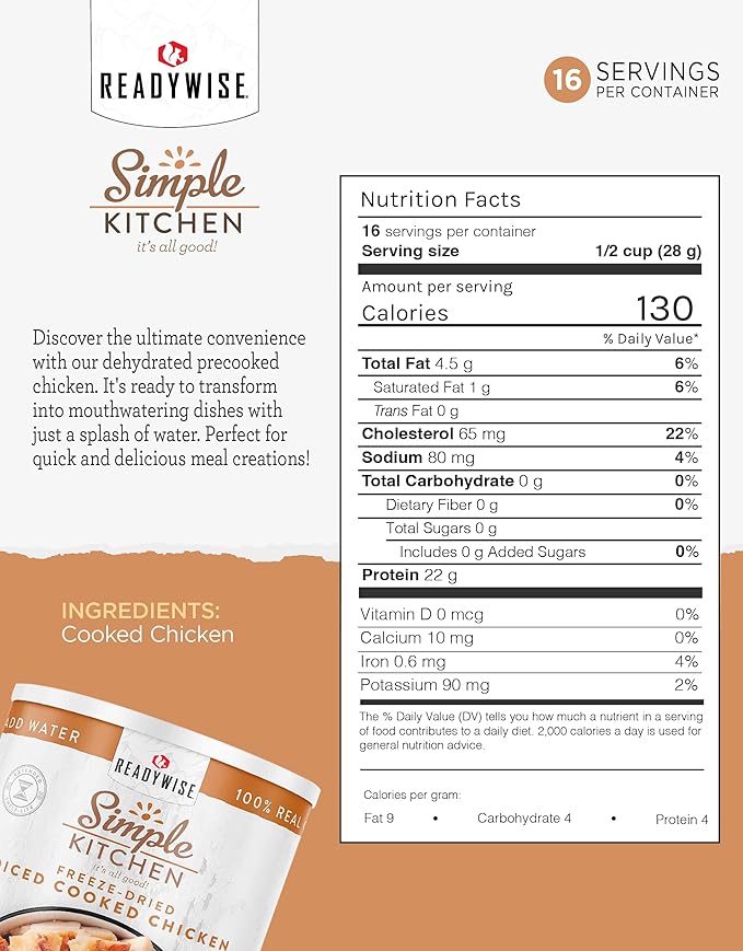 Simple Kitchen Freeze Dried Diced Chicken – 16 Servings for Family Meal Prep, Gluten Free & Dehydrated Survival Just Add Water Canned Food, for Camping Meals, Backpacking & Hiking, #10 Can Package