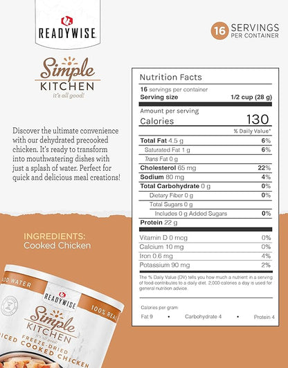 Simple Kitchen Freeze Dried Diced Chicken – 16 Servings for Family Meal Prep, Gluten Free & Dehydrated Survival Just Add Water Canned Food, for Camping Meals, Backpacking & Hiking, #10 Can Package