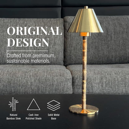 Bamboo Cordless LED Table Lamp – Rechargeable 24-Hour Battery, Dimmable Warm Light, 15" Portable Wireless Lamp with Remote for Indoor/Outdoor Use, Home, Patio, Restaurant – Polished Gold