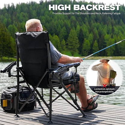 X Strike Oversized Folding Fishing Chair with Rod Holder Heavy Duty 350LBS, Feet Adjustable Padded Camping Chair with Cup Holder Side Pocket Hard Armrest