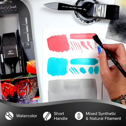 Silver Brush Limited WC-3203S Black Velvet Background Painting Set, Premium Paintbrushes for Watercolor, Gouache, Inks & Dyes, Set of 3, Flat Wash, Wide Wash, and Small Jumbo Round Brush, Short Handle