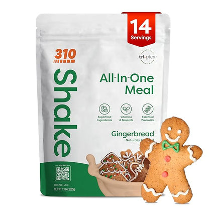 310 Nutrition All-In-One Meal Replacement Shake Powder - Plant-Based Protein Smoothie Blend w/High Fiber, Probiotics & Adaptogens - Low Carb, Vegan, Keto & Paleo Friendly - Gingerbread - 14 Srv