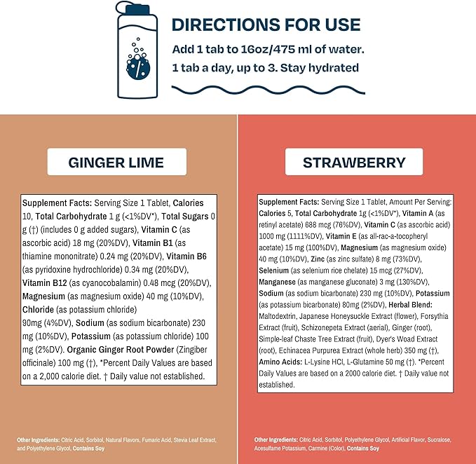 Drinklits Ginger-Lime Electrolyte Hydration & Strawberry Immunity Tablets (2) Tube Combo Pack | Great Taste – Gluten Free – Daily Use | 20 Servings (10 Tablets Per Tube)