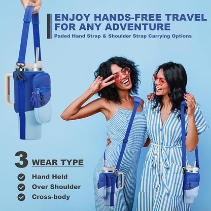 Water Bottle Carrier Bag with Phone Pocket for Stanley 40 & 30 oz Tumbler with Handle,Pink Insulated Neoprene Cup Holder Pouch w/Adjustable Strap for Quencher H2.0 Stanley Cup Accessories