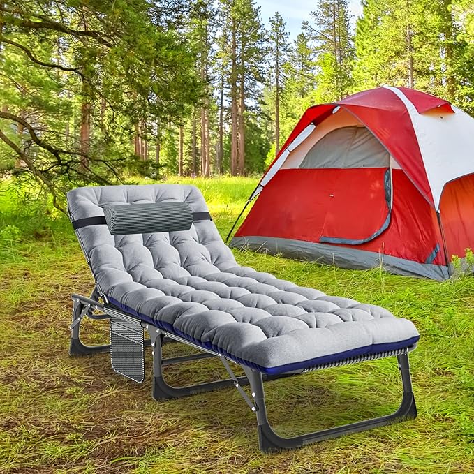 LILYPELLE Portable Folding Camping Cot, Adjustable 4-Position Adults Reclining Chaise with Pillow, Outdoor Portable Lounge Chair Sleeping Cot for Camping, Pool, Beach, Patio