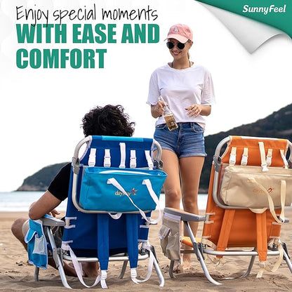 SUNNYFEEL Beach Chairs for Adults 2 Pack 5 Position Lay Flat, Portable Folding Backpack Beach Chair Heavy Duty with Cooler Bag, Cup Holder for Outdoor/Lawn/Picnic, Foldable Camping Chair