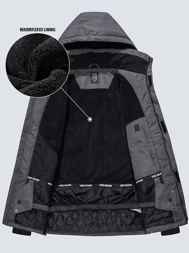 FREE SOLDIER Men's Waterproof Ski Jacket Fleece Lined Warm Winter Snow Coat with Hood Fully Taped Seams