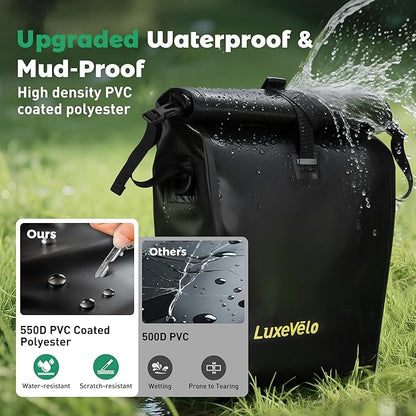 Luxevelo Lightweight Bike Pannier Bag – 27L Expandable Weather-Resistant Storage, 550D Durable PVC with Reflective Safety Strips, Multi-Functional Rack/Shoulder Bag for Commuting/Travel/Cycling