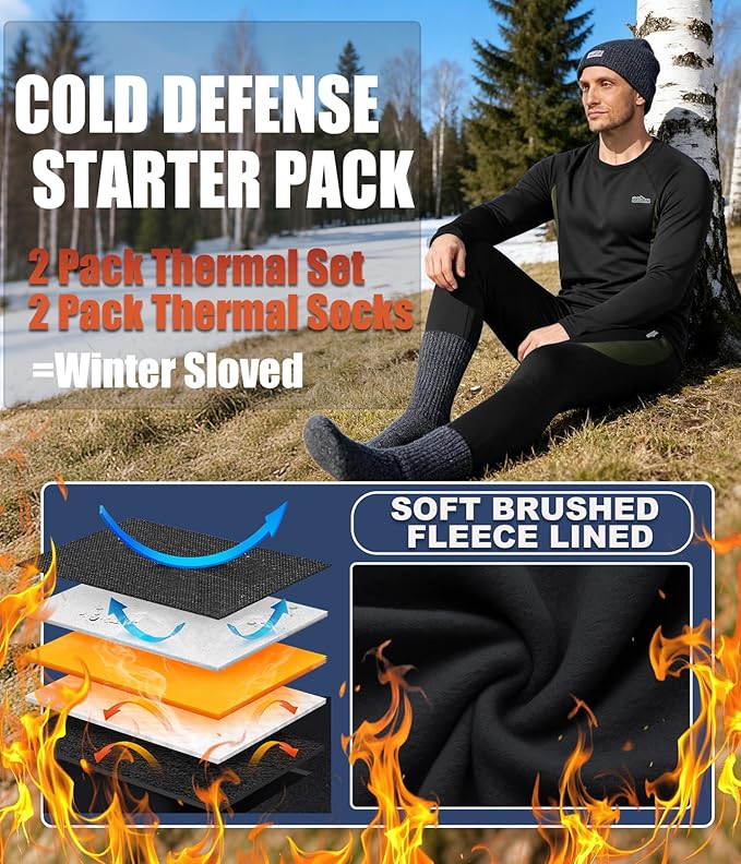 2 Pack Thermal Underwear Long Johns for Men Fleece Lined Base Layer Tops and Bottoms Set Cold Weather Winter Gear