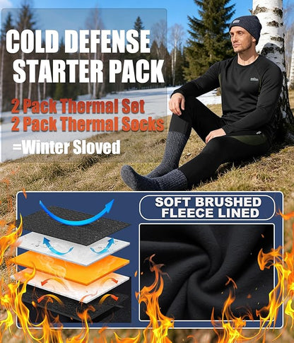 2 Pack Thermal Underwear Long Johns for Men Fleece Lined Base Layer Tops and Bottoms Set Cold Weather Winter Gear