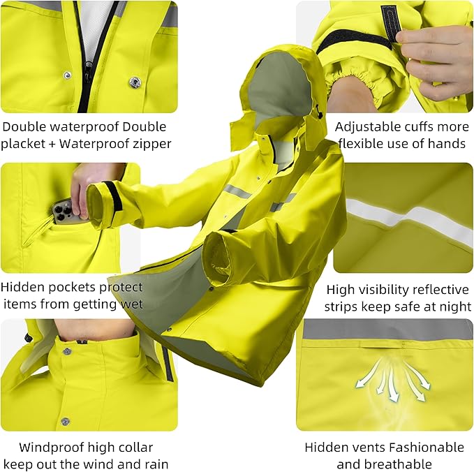 Coralrain Rain Suit Safety Waterproof Rain Jacket and Trouser Suit Raincoat With Hood lining For Men Women Adults Breathable