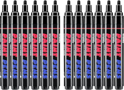 Black Paint Pens Paint Markers - 12 Pack Permanent Quick Dry Waterproof Marker Pens for Rocks Wood Fabric Plastic Canvas Glass Mugs Metal Tire Stone