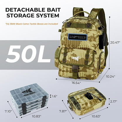 KastKing BaitSpace 50L Fishing Tackle Backpack with Removable Bait Binder,2 Rod Holders Storage Fishing Gear and Equipment