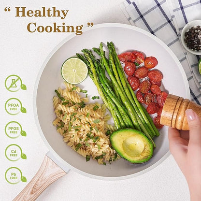 12 Pcs Pots and Pans Set, Nonstick Cookware Sets White Granite Induction Cookware, Non-toxic Healthy Non Stick Kitchen Cooking Set with Frying Pans Set, Saucepans,Steamer (PFAS, PFOA, PFOS Free)