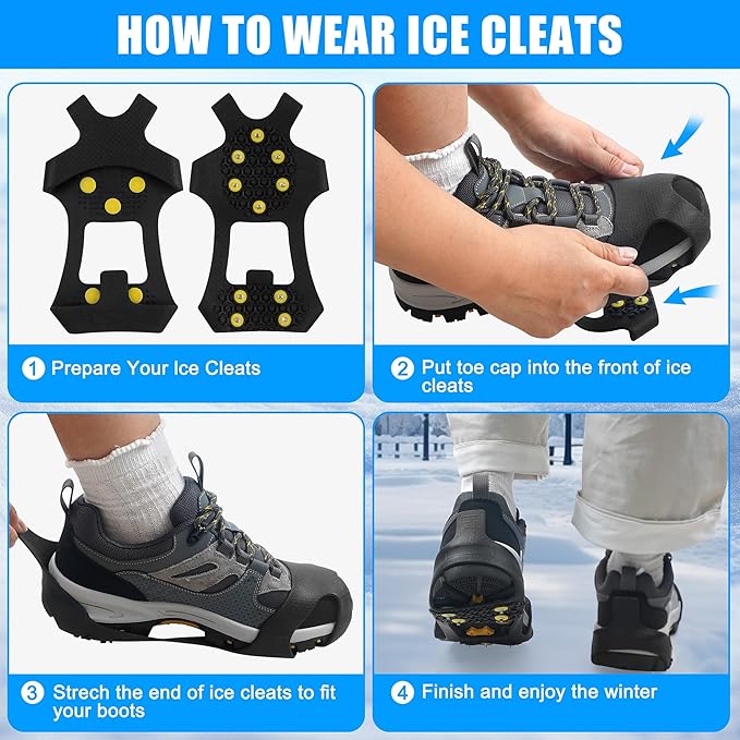 2 Pairs Ice Snow Grips Over Shoe Boots Traction Cleats Crampons for Walking on Ice&Snow Anti Slip Cleat Fasten Quickly Easily Over Footwear