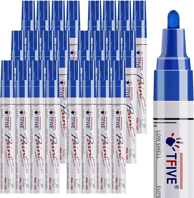 TFIVE Blue Paint Pens Permanent Markers - 24 Pcs Oil Based Paint Markers Set, Quick Dry, Waterproof, Fade Resistant, Medium Tip Marker Pens for Metal, Rock, Wood, Plastic, Canvas, Glass, Rubber
